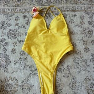 Yellow Women's One Piece Bathing Suit w/Flower
